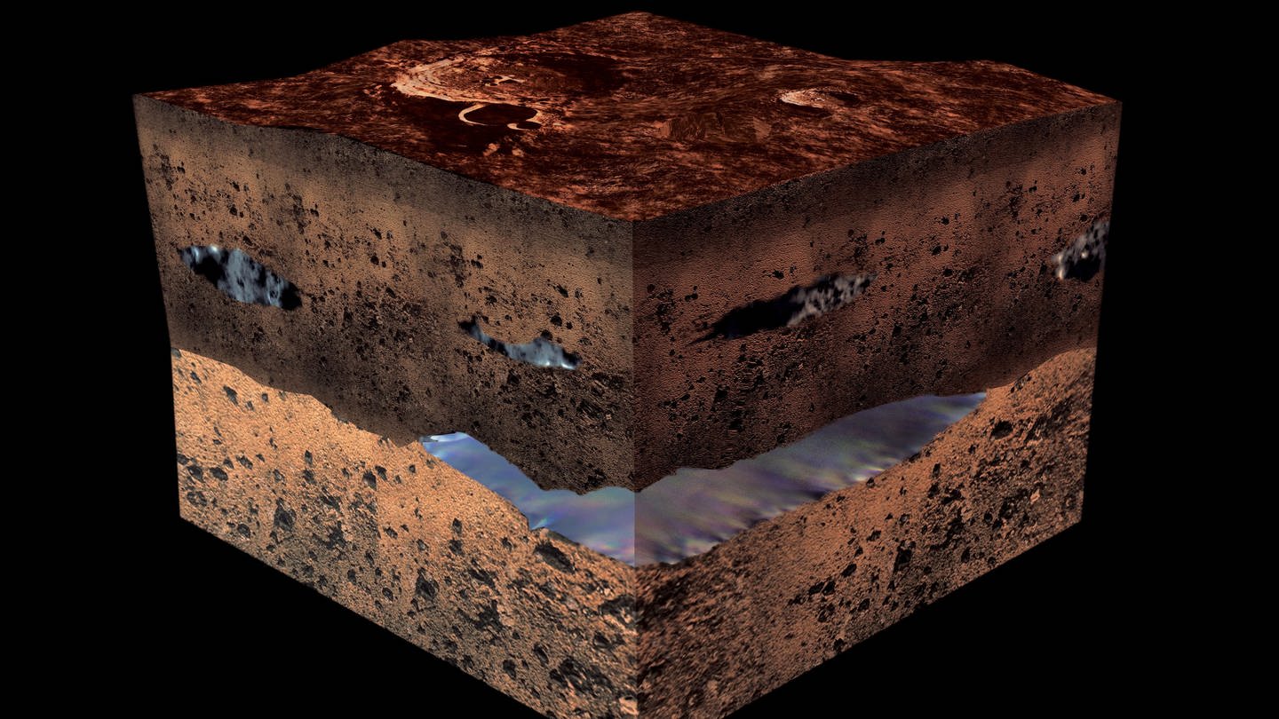 Diese künstlerische Darstellung zeigt, wie es unter der Oberfläche des Mars-Südpols aussehen könnte: Es gibt dort wohl größere Vorkommen von sehr kaltem und salzigen Wasser.