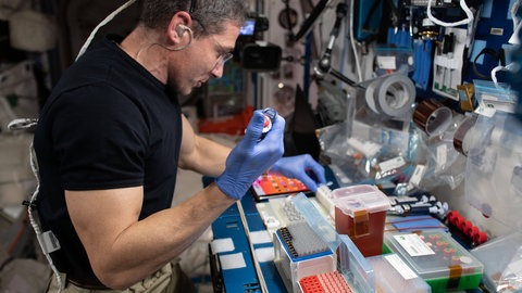 NASA-Astronaut Michael Hopkins experimentiert an Bord der Internationalen Raumstation ISS.