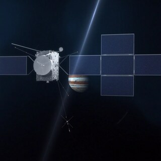 Animation der Weltraumsonde JUICE im Anflug zum Jupiter.