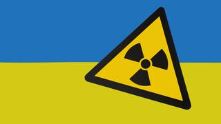 Atomkraft-Schild vor ukrainischer Flagge