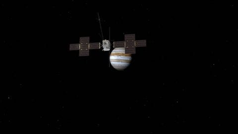 Das Bild zeigt eine Illustration der Juice-Sonde auf dem Weg zum Jupiter.
