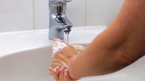 Hände werden unter Waschbecken gewaschen.