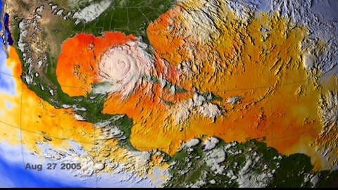 Satellitenfoto der NASA mit Computergrafik zeigt Hurricane Katrina an der Küste von Louisiana, Mississippi und Alabama sowie die Oberflächentemperatur auf dem Karibischen und dem Atlantischen Ozean (Archivfoto 2005)