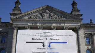 Das Bild zeigt einen Stimmzettel vor dem Hintergrund des Reichstagsgebäudes.