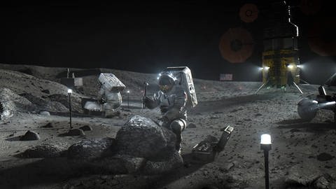 Illustration von Nasa-Astronauten beim Abbau von Gestein auf dem Mond