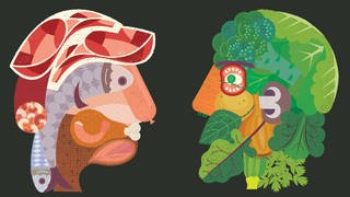 Illustration eines Kopfes aus Fleisch gegenüber einem Kopf aud Gemüse