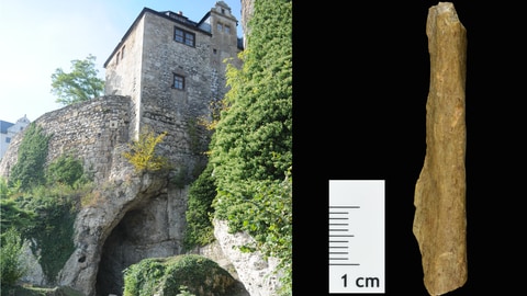 Fundstelle des ältesten Menschenfossils Europas: Ilsenhöhe unter der Burg Ranis in Thüringen (links) und gefundenes menschliches Knochenfragment (rechts).
