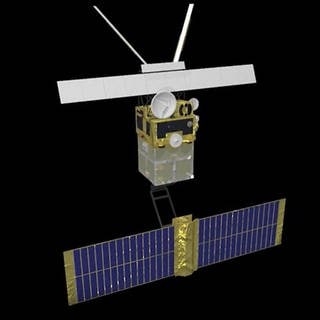 Grafische Darstellung des ERS-2 Satelliten. Satellit ERS-2 verglüht im Lauf des Nachmittags in der Atmosphäre.