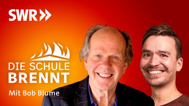 Olaf-Axel Burow und Bob Blume auf dem Podcast-Cover von "Die Schule brennt – der Bildungspodcast mit Bob Blume"