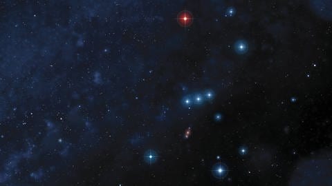 Illustration des Sternbildes Orion. Wenn Beteigeuze stirbt, sehen wir das erst mit 640 Jahren Verspätung.