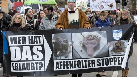 Zahlreiche Tierschützer demonstrierten 2014 in Tübingen gegen den Einsatz von Affen in der Forschung am Max-Planck-Institut für biologische Kybernetik.
