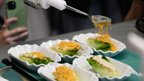 Ein Roboter gießt Soße aufs Essen. In seiner Roboterküche erforscht die TU Dresden, wie Maschinen und Menschen Hand in Hand arbeiten könnten.
