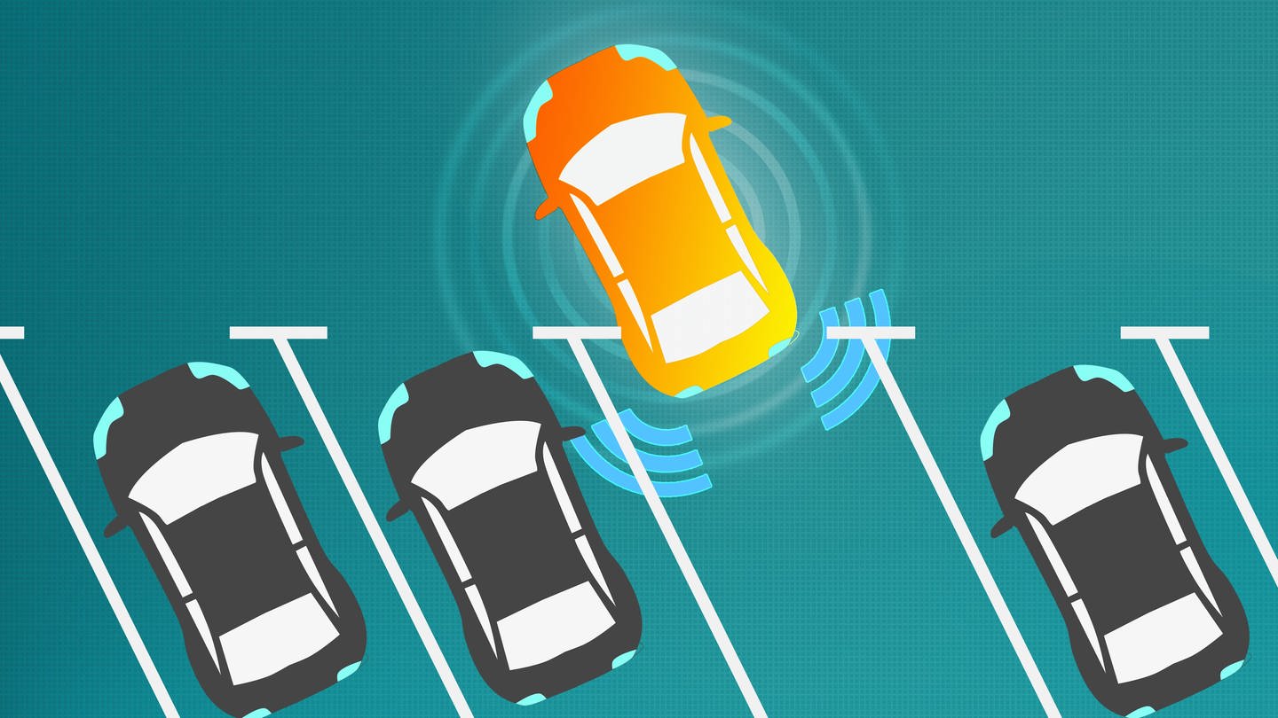Illustration eines Autos mit Sensoren, tags: selbstfahrende Autos, sicher, Menschen