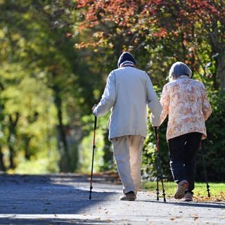 Spazierengehen soll bei Rückenschmerzen helfen bzw. vorbeugen. Älteres Paar macht einen Spaziergang.
