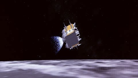 Dieses Bild aus einer Videoanimation des Pekinger Raumfahrtkontrollzentrums (BACC) zeigt, wie die chinesische Sonde Chang'e-6 mit Proben von der Rückseite des Mondes von der Mondoberfläche abhebt. Die chinesische Sonde Chang´e 6 soll am 25. Juni 2024 wieder auf der Erde landen. Im Gepäck hat sie Gesteins- und Bodenproben von der Rückseite des Monds.
