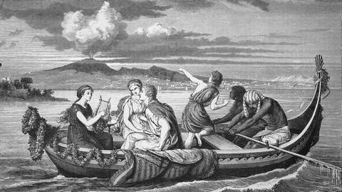 Zeichnung: Eine Gruppe von Menschen flieht auf dem Boot. Im Hintergrund ist der Vulkanausbruch des Vesuvs zu sehen.