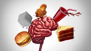 Migräne, Schlaganfälle und Demenz - Zucker erhöht das Risiko für diese Erkrankungen | Illustration eines Gehirns umkreist von zuckerhaltigen Nahrungsmitteln 