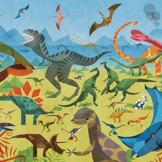Dinosaurier erschlossen die Lüfte, Kontinente und Meere | Illustration verschiedener Dinosaurier an Land