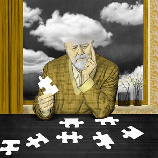 In Deutschland leben rund 1,8 Millionen Menschen mit einer Demenz wie Alzheimer. | Illustration - Mann mit Wolken um den Kopf puzzelt