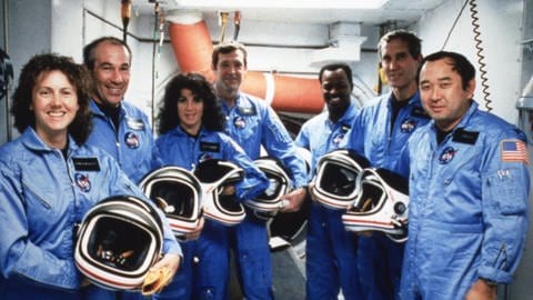 Astronauten der 1986 verunglückten Challenger Mission - auch der heutige NASA-Chef sollte eigentlich mitfliegen.