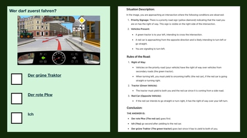 Screenshot der theoretischen Führerscheinprüfung und Antwort von ChatGPT. Die Bildfrage beantwortete ChatGPT falsch. 