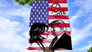 Symbolbild Kamala Harris gegenüber Donald Trump auf einer US-Flagge, tags: Desinformation Rolle spielt USA Fake