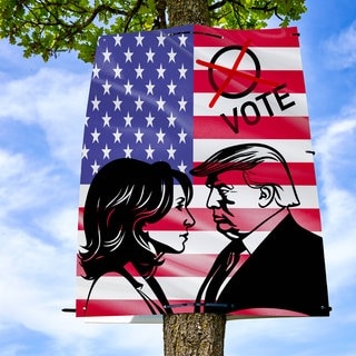 Symbolbild Kamala Harris gegenüber Donald Trump auf einer US-Flagge, tags: Desinformation Rolle spielt USA Fake