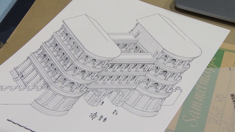 An dieser Zeichnung lässt sich erkennen, wie die Porta Praetoria vielleicht in der römischen Antike ausgesehen hat. Die Steine die bisher in Mainz analysiert wurden, lassen sich zu dem hier dargestellten Gebäude zusammensetzen.