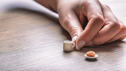 Miniatur Portion Kaffee und Kuchen - Warum nehmen manche Menschen schon von kleinen Portionen Essen zu und andere nicht? Diese Frage will eine große Ernährungsstudie in den USA 2025 klären.