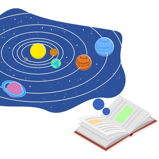 Buch mit Illustration des Sonnensystems - Die Geschichte des Universums in nur einem Jahr erzählt. Das ist die Idee hinter dem kosmischen Kalender.