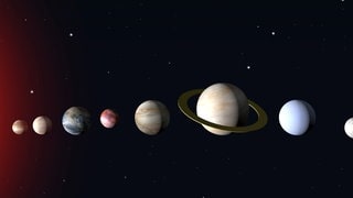 Eine Aufreihung der Planeten unseres Sonnensystems. Sechs davon kann man während der Planetenparade 2025 beobachten.